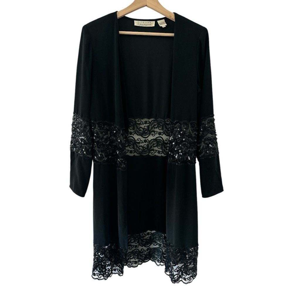 Vintage Niteline Black Sequin Lace Jacket Size 12 Y2K Formal Longline Wedding